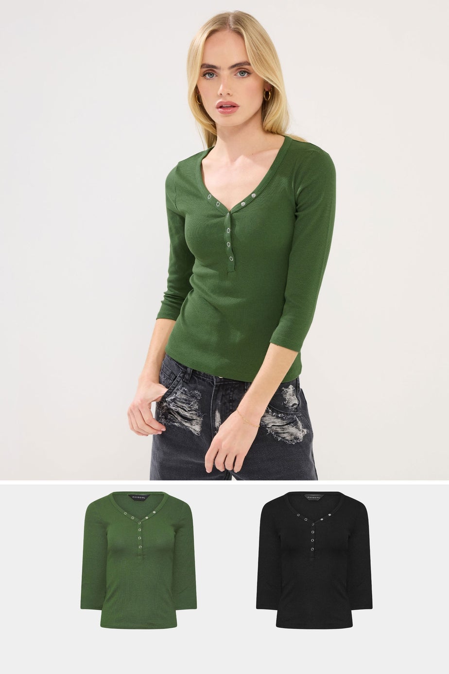 PixieGirl Petite 2 Pack Black & Khaki Green Button Henley Tops