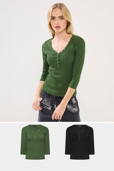PixieGirl Petite 2 Pack Black & Khaki Green Button Henley Tops