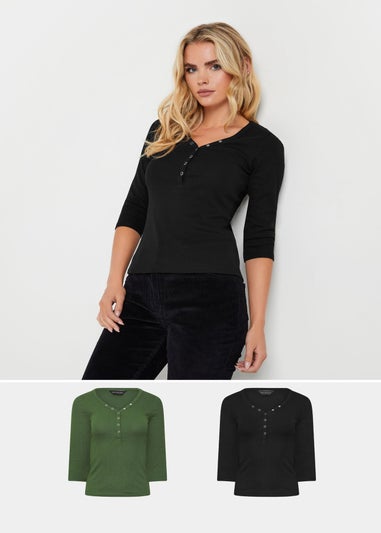 PixieGirl Petite 2 Pack Black & Khaki Green Button Henley Tops