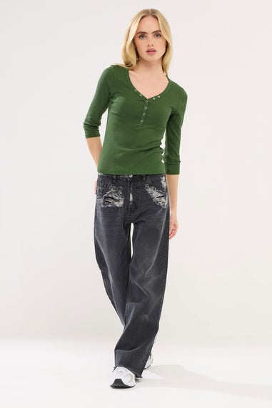 PixieGirl Petite 2 Pack Black & Khaki Green Button Henley Tops