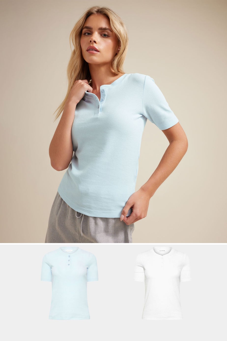 PixieGirl Petite 2 Pack Light Blue & White Waffle Henley T-Shirts