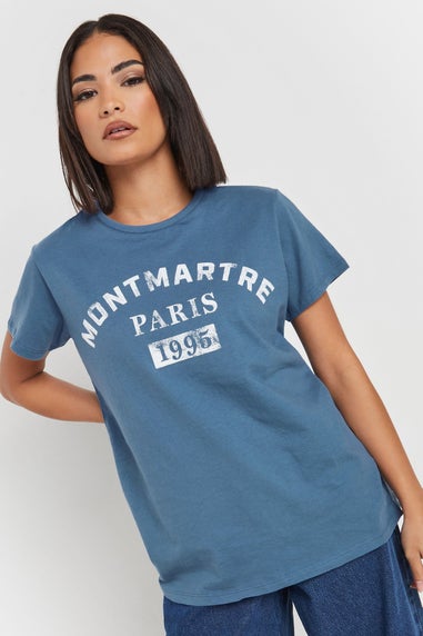 PixieGirl Petite Blue Acid Wash Slogan T-Shirt