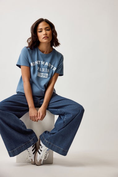 PixieGirl Petite Blue Acid Wash Slogan T-Shirt