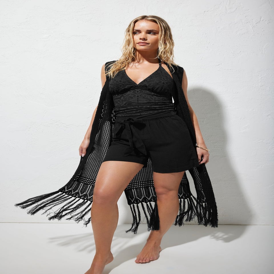 PixieGirl Petite Black Crochet Longline Waistcoat