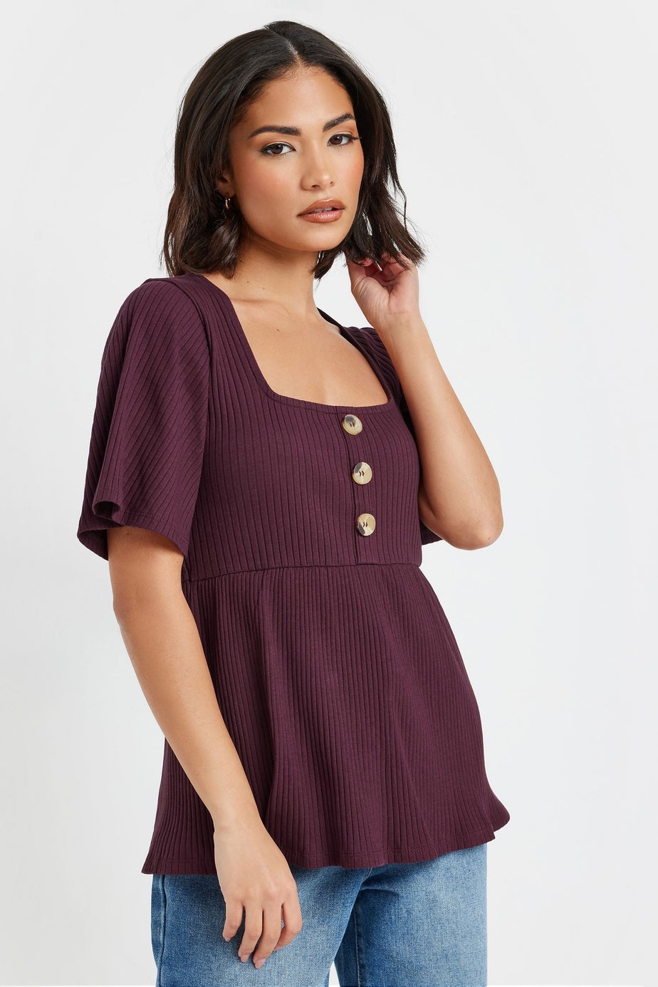 PixieGirl Petite Burgundy Red Ribbed Smock Top