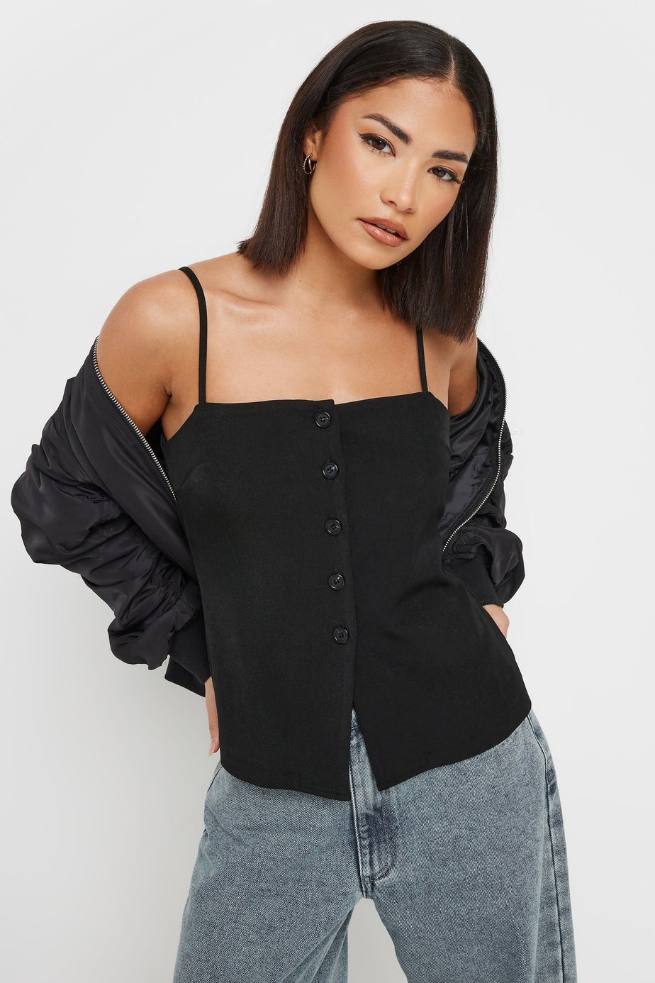 PixieGirl Petite Black Structured Button Vest Top