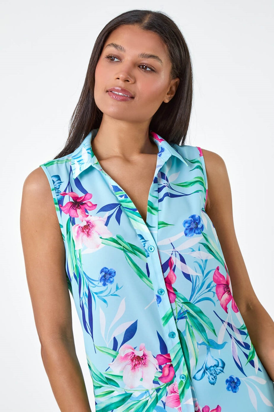 Roman Blue Tropical Floral Sleeveless Button Blouse