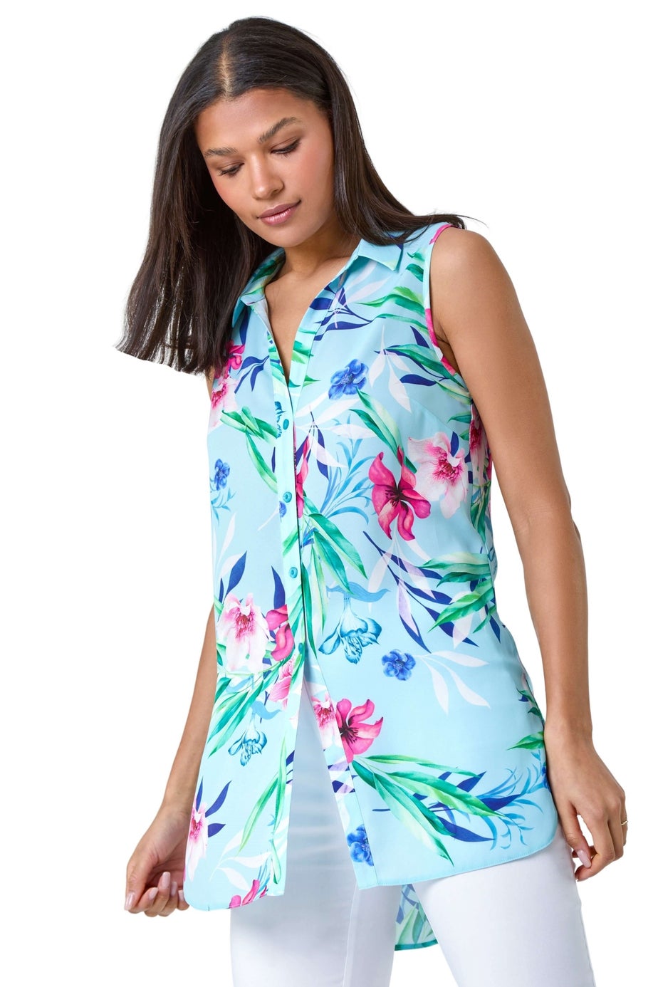 Roman Blue Tropical Floral Sleeveless Button Blouse