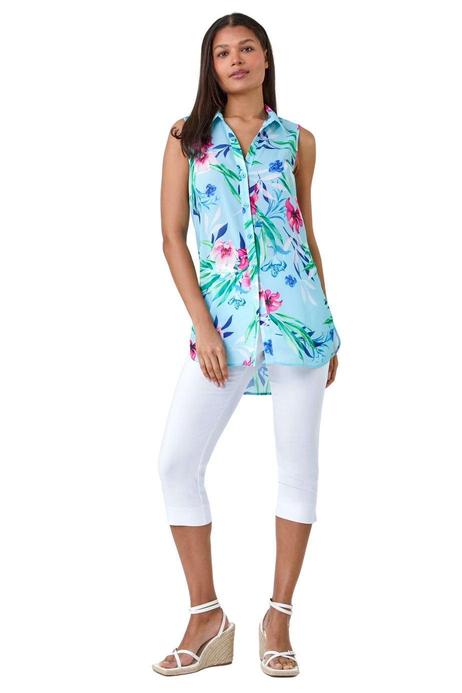 Roman Blue Tropical Floral Sleeveless Button Blouse