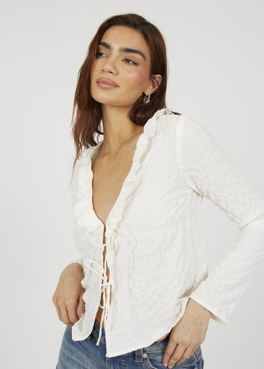 Brave Soul Cream Seersucker Frill Collar Tie Front Blouse