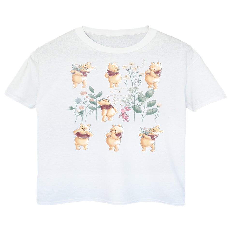 Disney Winnie The Pooh Flower Grid White Boyfriend Fit Graphic T-Shirt