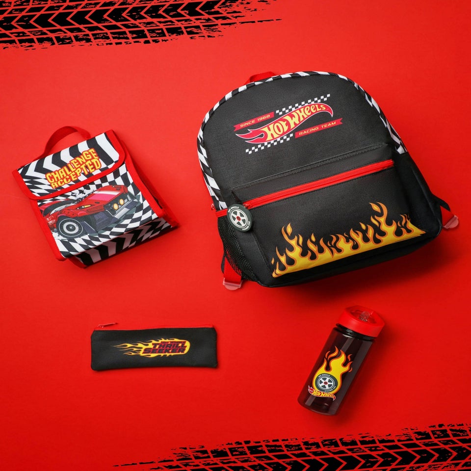 Hot Wheels Checkerboard Flame Kids Black 4 Piece Backpack Set