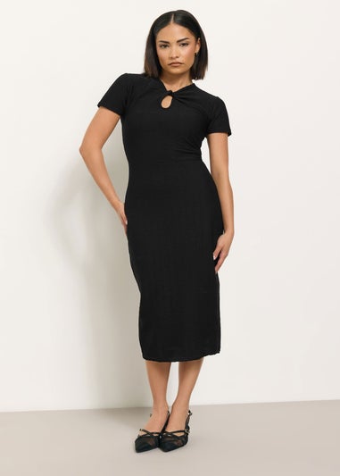 PixieGirl Petite Black Twist Neck Textured Midi Dress