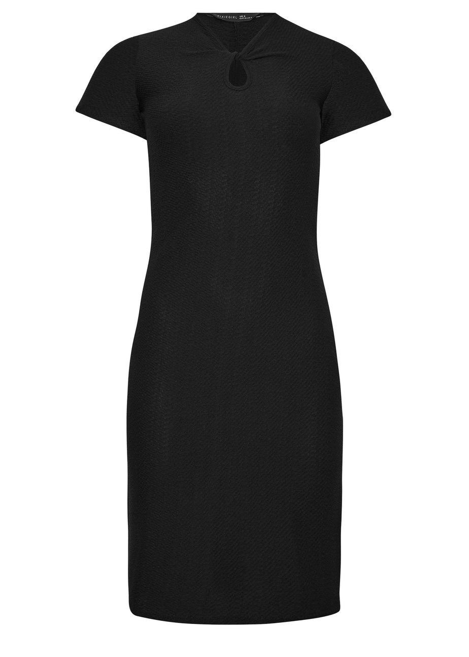 PixieGirl Petite Black Twist Neck Textured Midi Dress