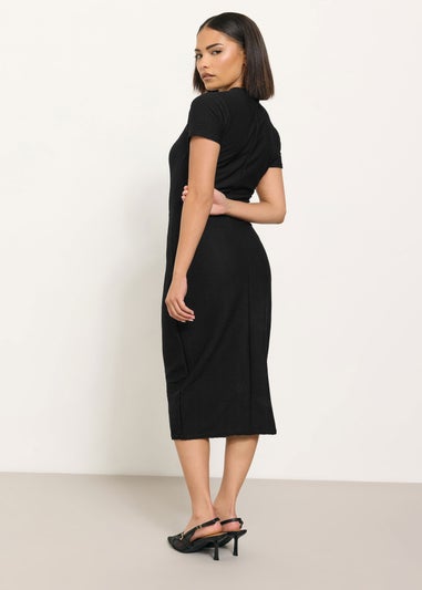 PixieGirl Petite Black Twist Neck Textured Midi Dress