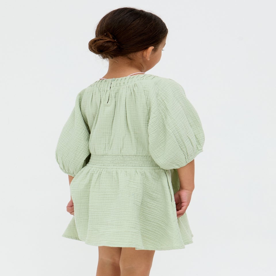 Raffya Kids Green Soipoi Ruched V-neck Dress (3-9 Years)