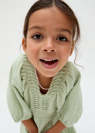 Raffya Kids Green Soipoi Ruched V-neck Dress (3-9 Years)