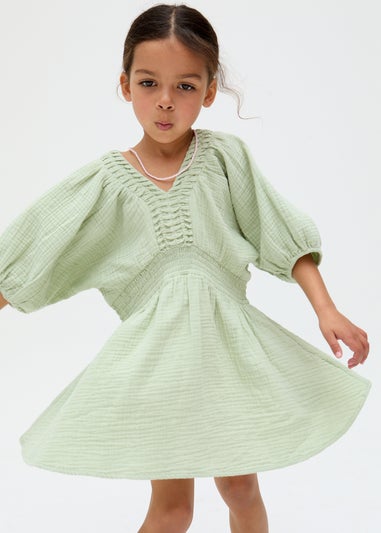 Raffya Kids Green Soipoi Ruched V-neck Dress (3-9 Years)