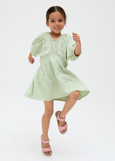 Raffya Kids Green Soipoi Ruched V-neck Dress (3-9 Years)