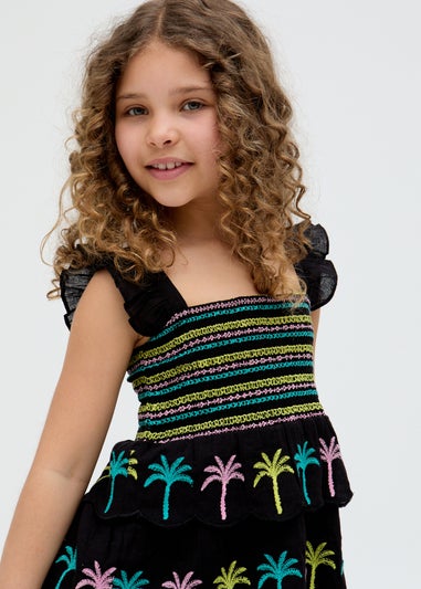Raffya Kids Black Rose Ruffle All Over Embroidered Dress (3-9 Years)