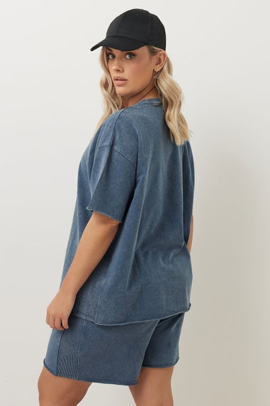 Yours Curve Blue Acid Wash Oversized Sweat T-Shirt