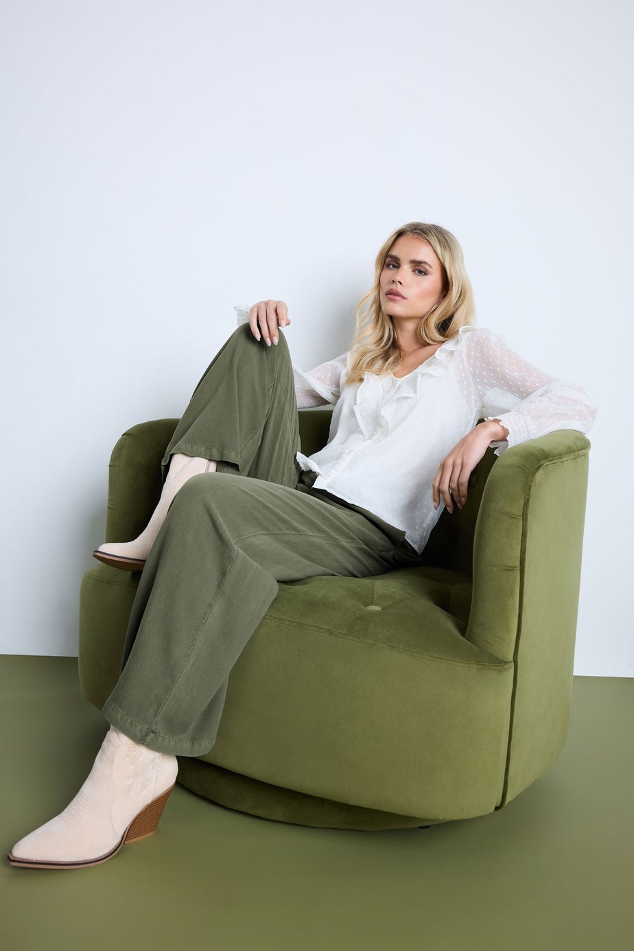 PixieGirl Petite Khaki Green Acid Wash Wide Leg Trousers