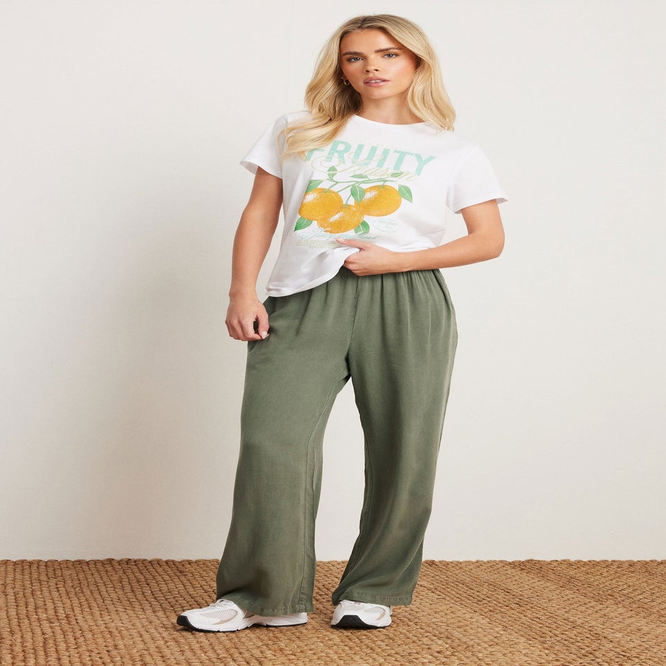 PixieGirl Petite Khaki Green Acid Wash Wide Leg Trousers