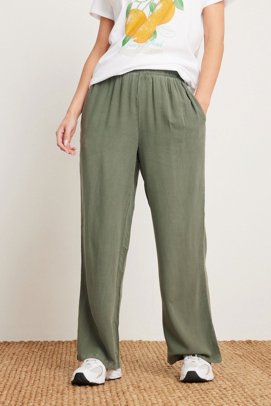 PixieGirl Petite Khaki Green Acid Wash Wide Leg Trousers