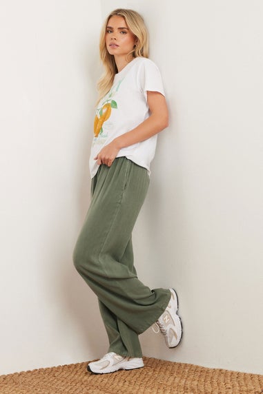 PixieGirl Petite Khaki Green Acid Wash Wide Leg Trousers