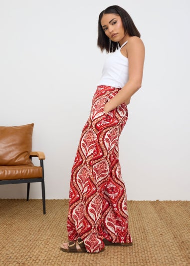 PixieGirl Petite Red Paisley Print Wide Leg Trousers