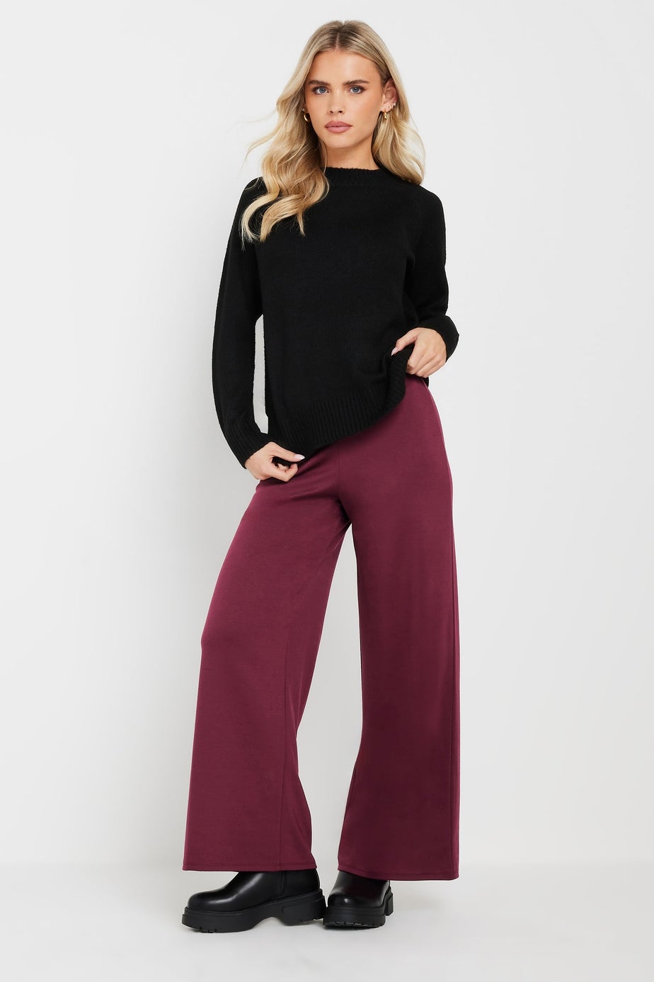 PixieGirl Petite Burgundy Red Tailored Tab Wide Leg Trousers