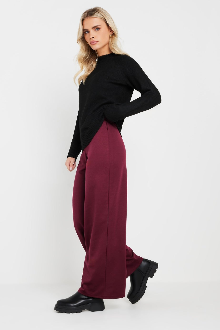 PixieGirl Petite Burgundy Red Tailored Tab Wide Leg Trousers
