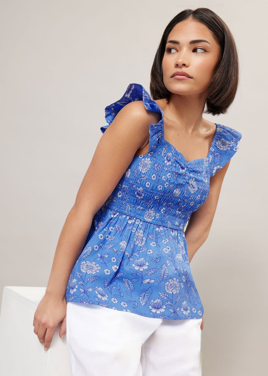 PixieGirl Petite Blue Floral Frill Sleeve Smock Top