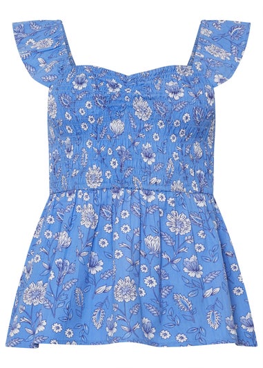 PixieGirl Petite Blue Floral Frill Sleeve Smock Top