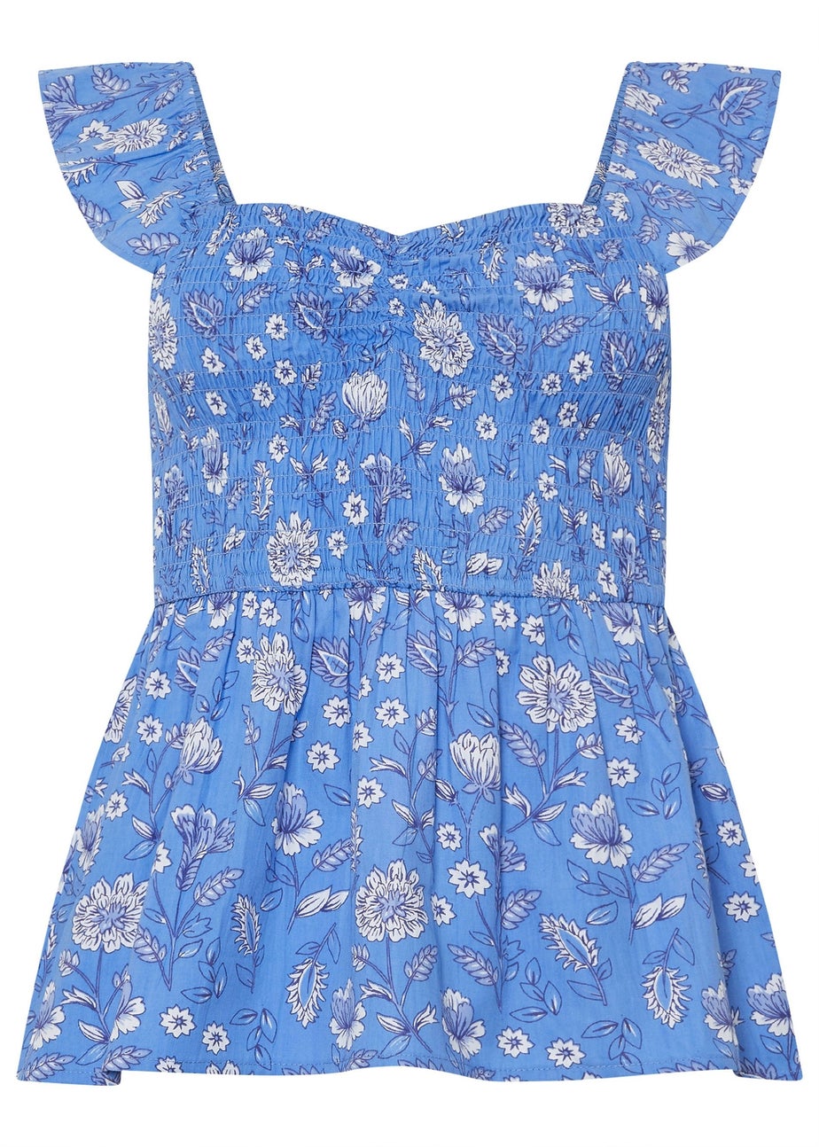 PixieGirl Petite Blue Floral Frill Sleeve Smock Top