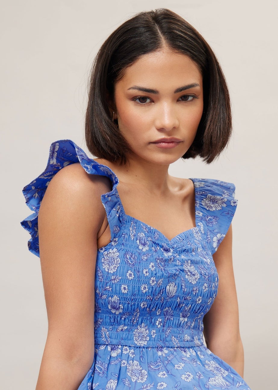 PixieGirl Petite Blue Floral Frill Sleeve Smock Top