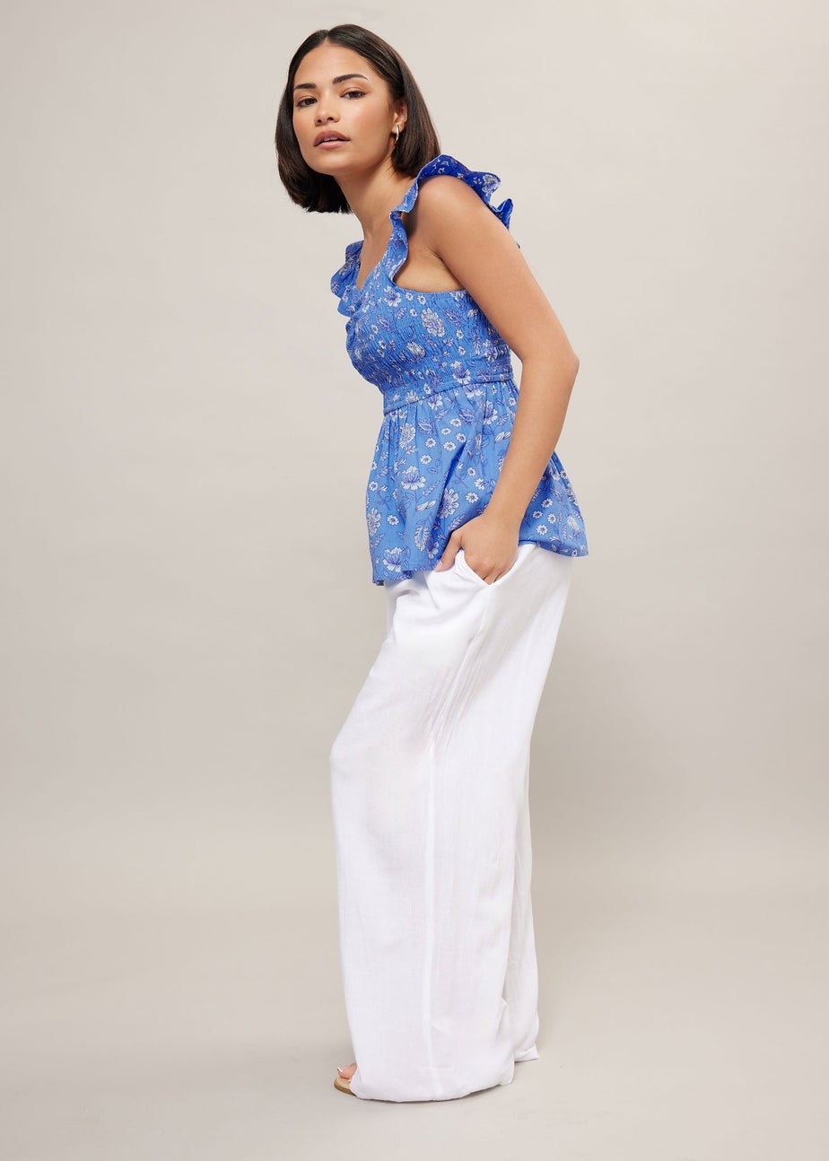 PixieGirl Petite Blue Floral Frill Sleeve Smock Top