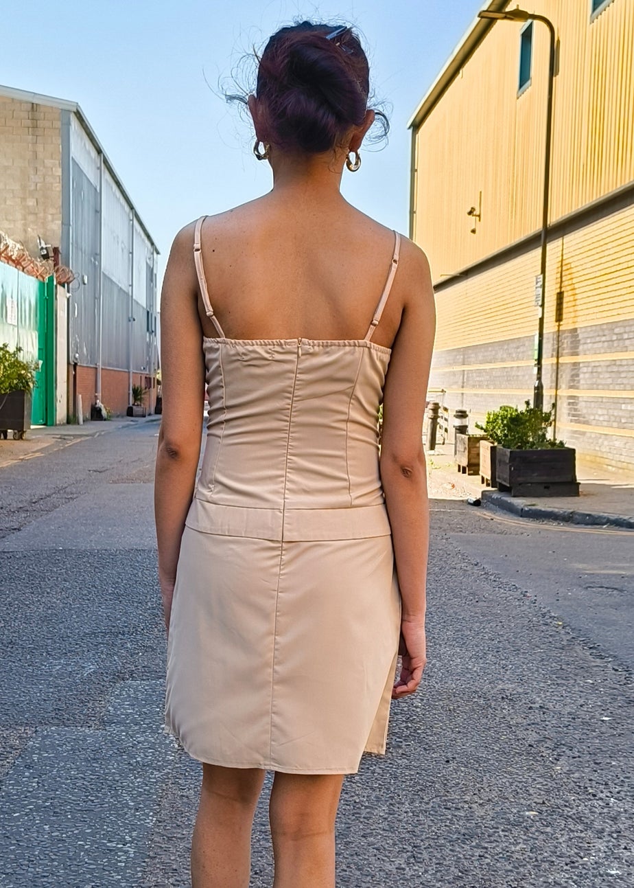 Gini London Beige Tall Woven Pleated Detail Mini Dress