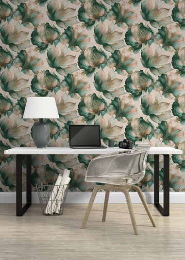 Muriva Elysian Floral Coral & Teal Wallpaper