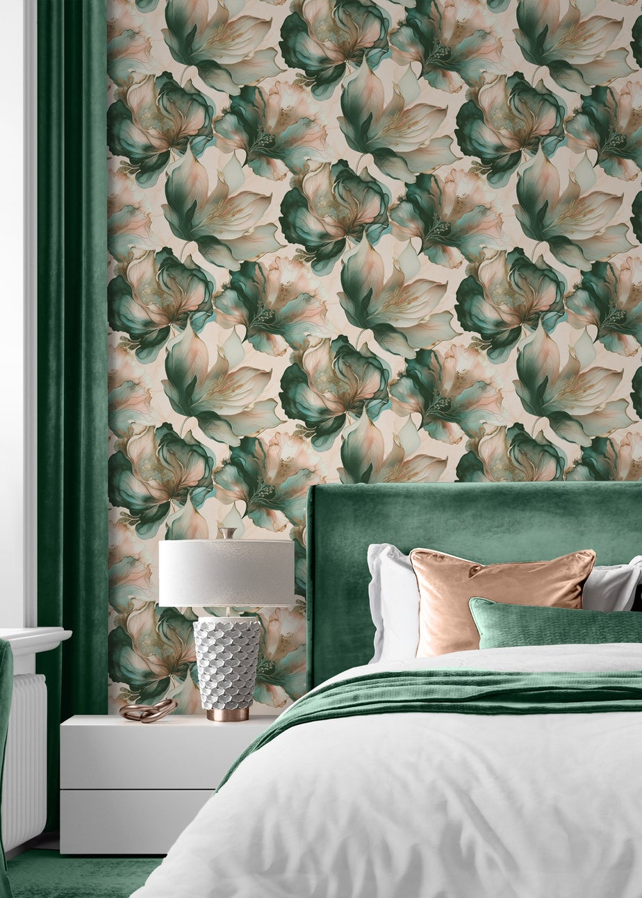 Muriva Elysian Floral Coral & Teal Wallpaper