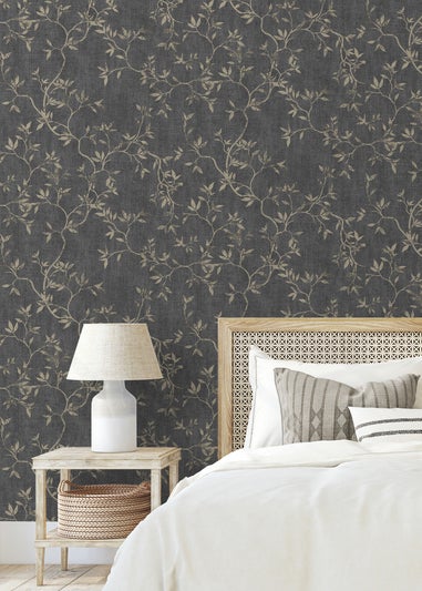Darcy James Japandi Leaf Charcoal & Gold Wallpaper