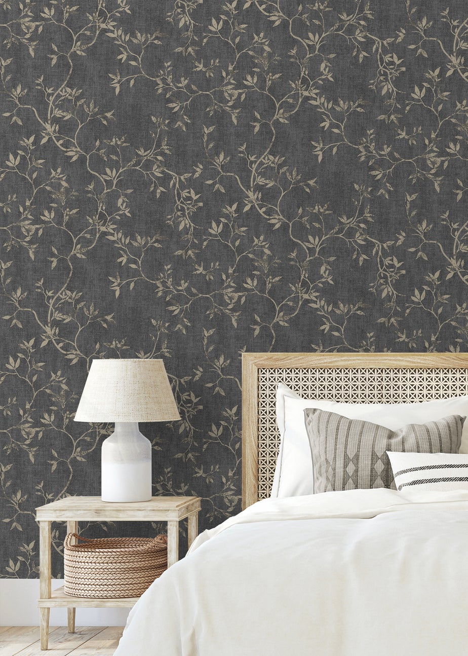 Darcy James Japandi Leaf Charcoal & Gold Wallpaper