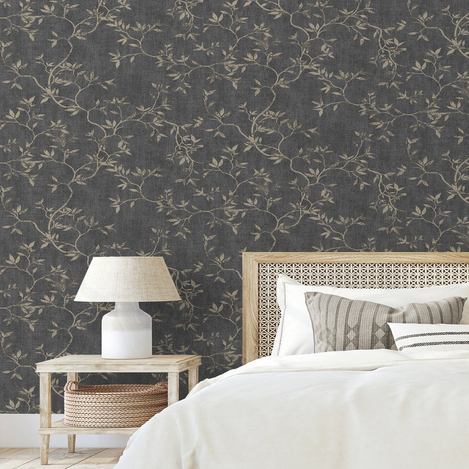 Darcy James Japandi Leaf Charcoal & Gold Wallpaper