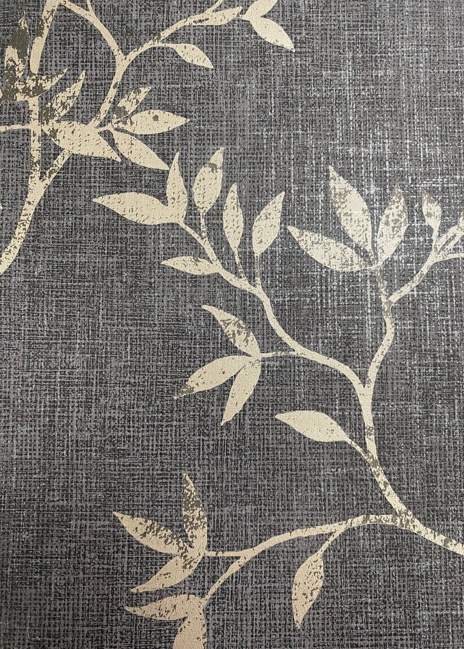 Darcy James Japandi Leaf Charcoal & Gold Wallpaper