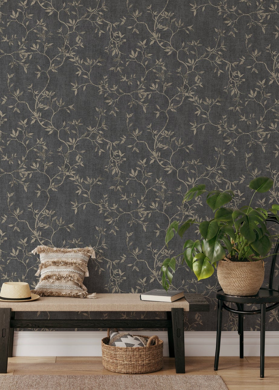 Darcy James Japandi Leaf Charcoal & Gold Wallpaper