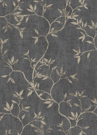 Darcy James Japandi Leaf Charcoal & Gold Wallpaper