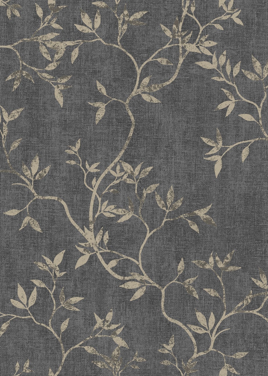 Darcy James Japandi Leaf Charcoal & Gold Wallpaper