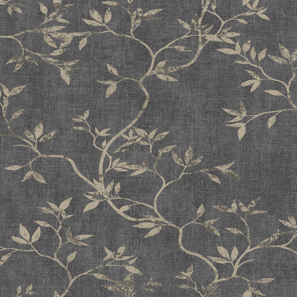 Darcy James Japandi Leaf Charcoal & Gold Wallpaper