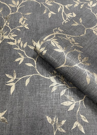 Darcy James Japandi Leaf Charcoal & Gold Wallpaper