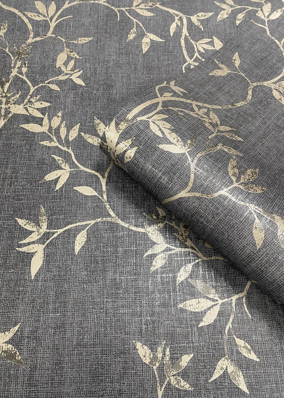 Darcy James Japandi Leaf Charcoal & Gold Wallpaper